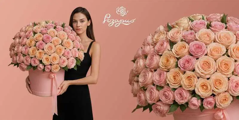 Большой букет роз в коробке, фронтальный вид в руках у девушки